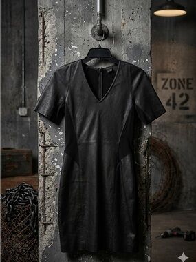 Theory Black Lambskin Leather V-Neck Short-Sleeve Dress